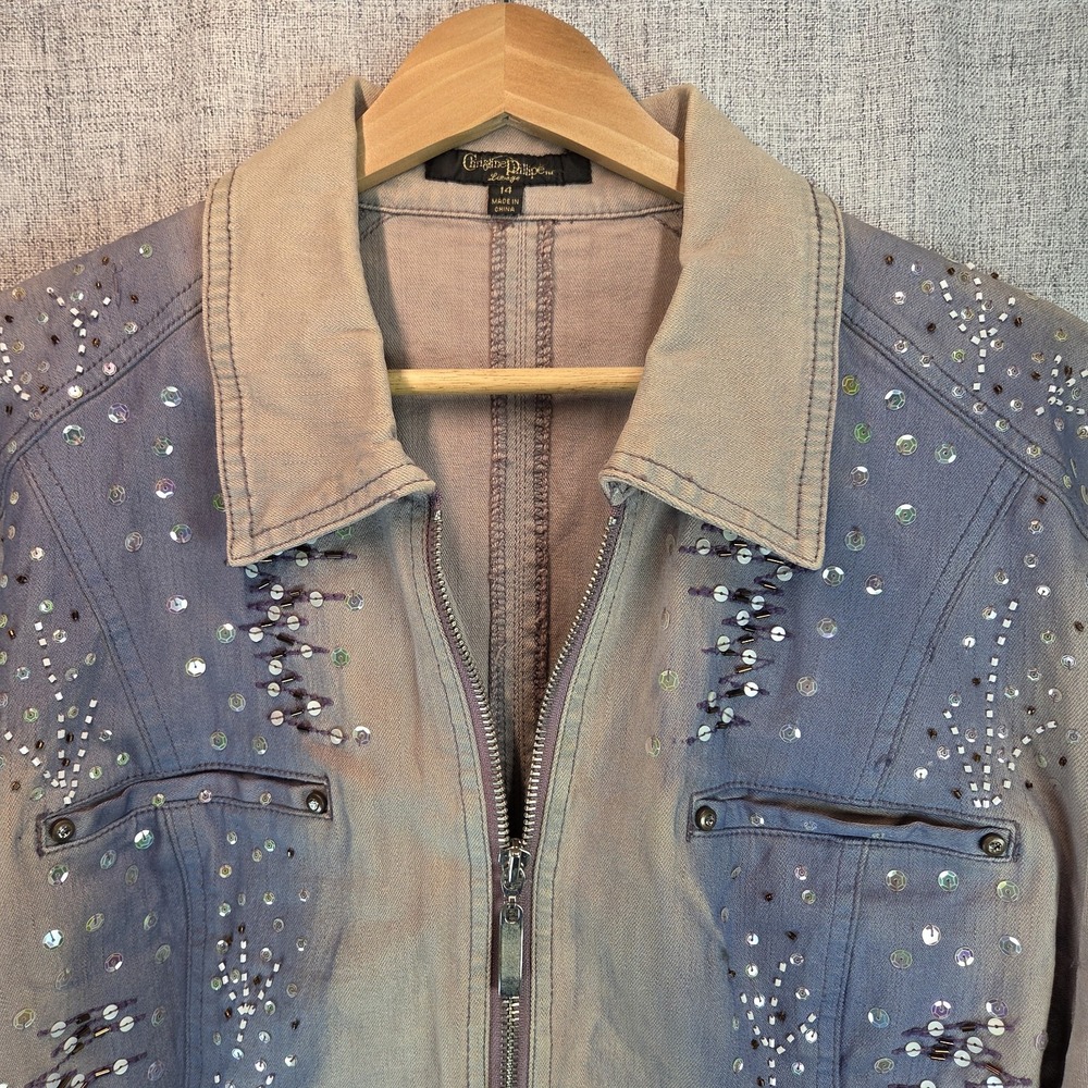 Y2K Cyberpunk Sequin Beaded Jacket Womens Denim SZ 14 Christine Phillipe Rave